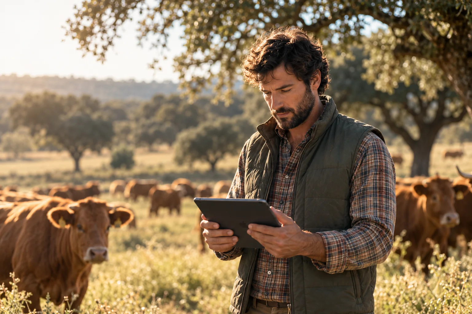 Ilustración generada con IA de un ganadero con tablet entre vacas en la dehesa